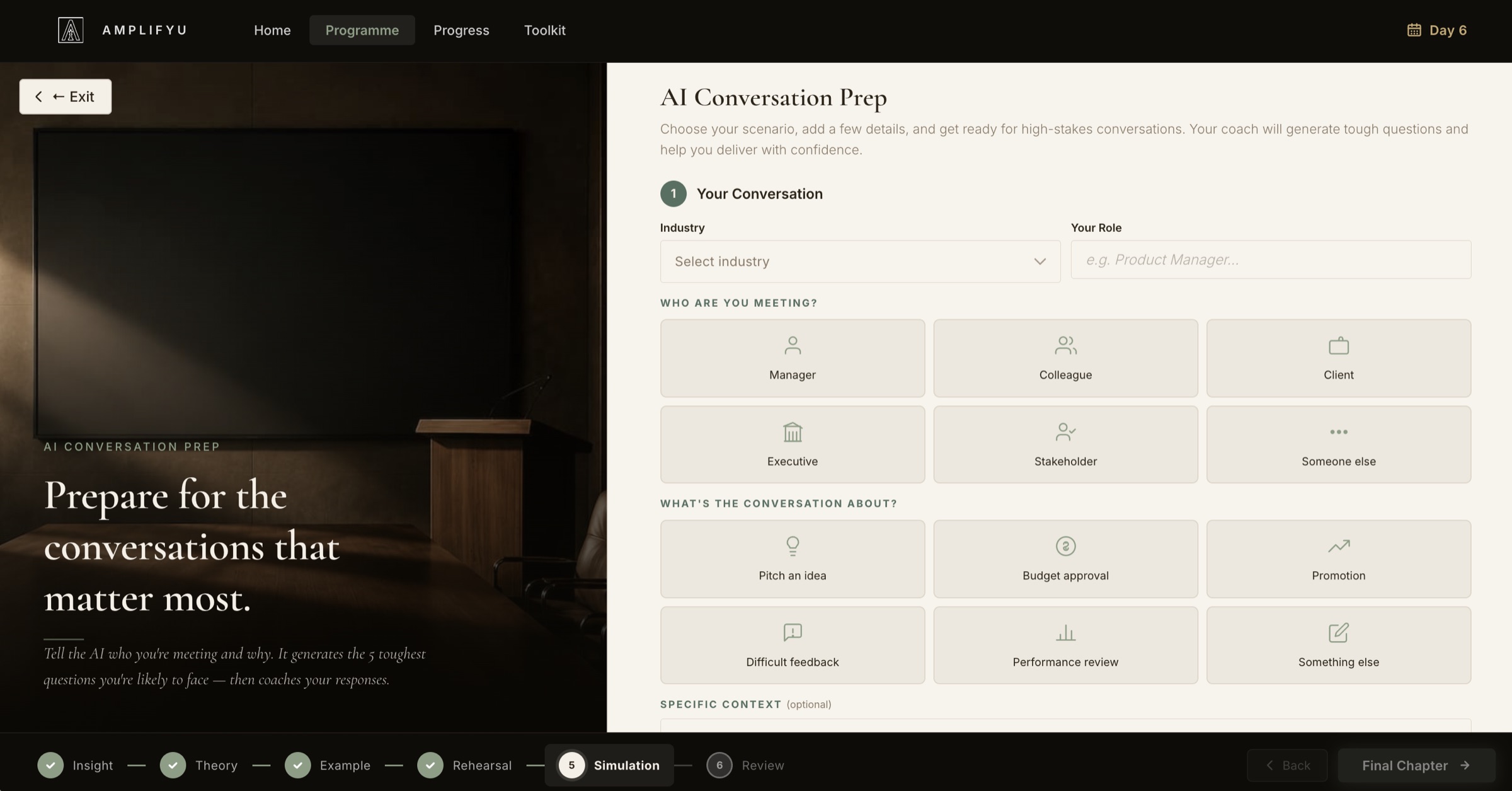 AmplifyU AI Conversation Prep - conversation profile