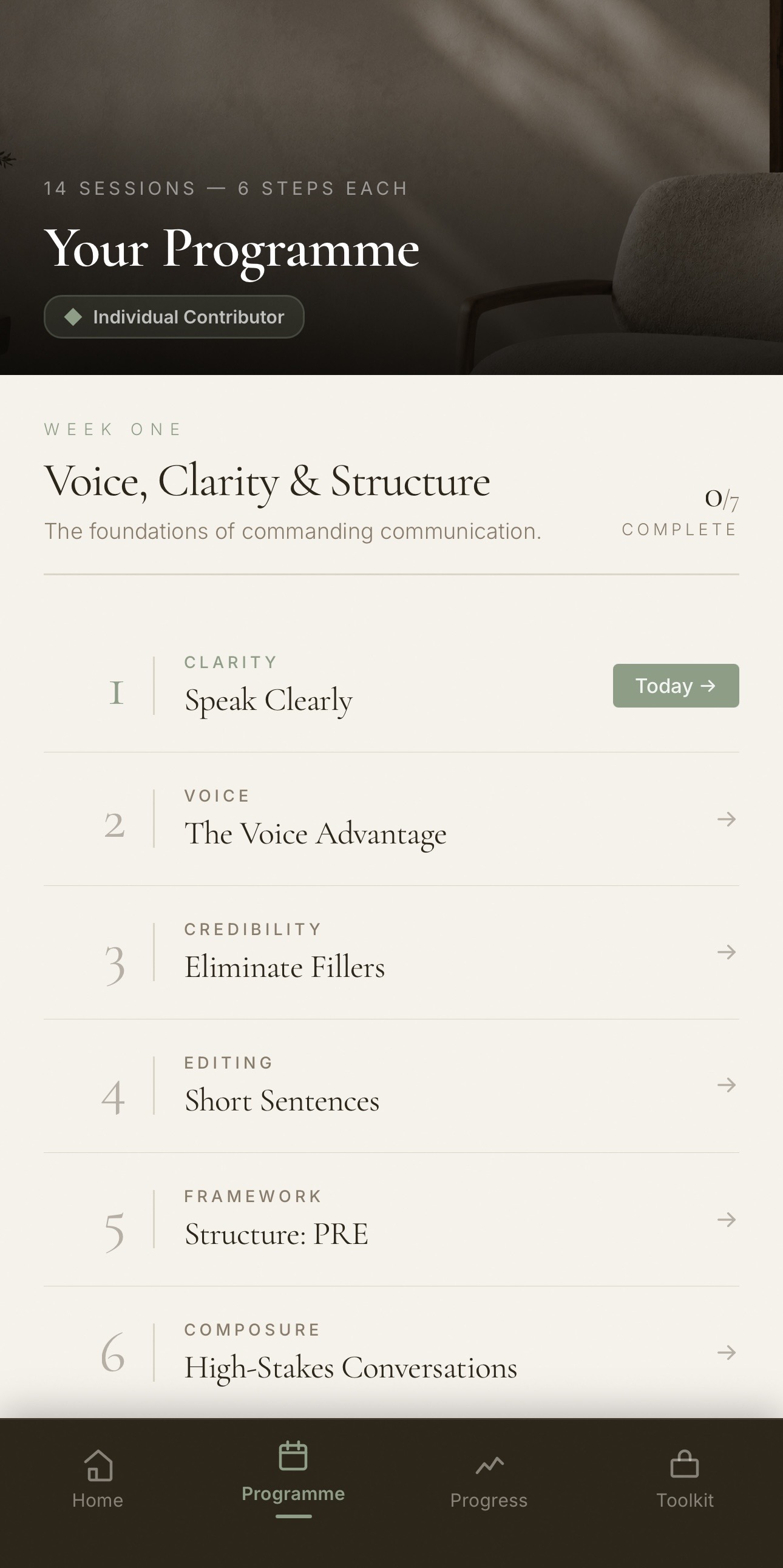 AmplifyU app — daily programme session